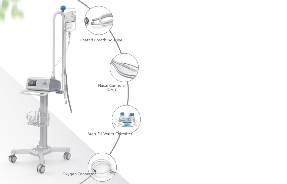 Máy tạo Ôxy dòng cao / Máy thở oxy làm ẩm dòng cao qua canun mũi trong điều trị bệnh nhân suy hô hấp cấp; dùng để hút đàm nhớt; nội soi khí phế quản và đặt nội khí quản (HFNO; HFNC):