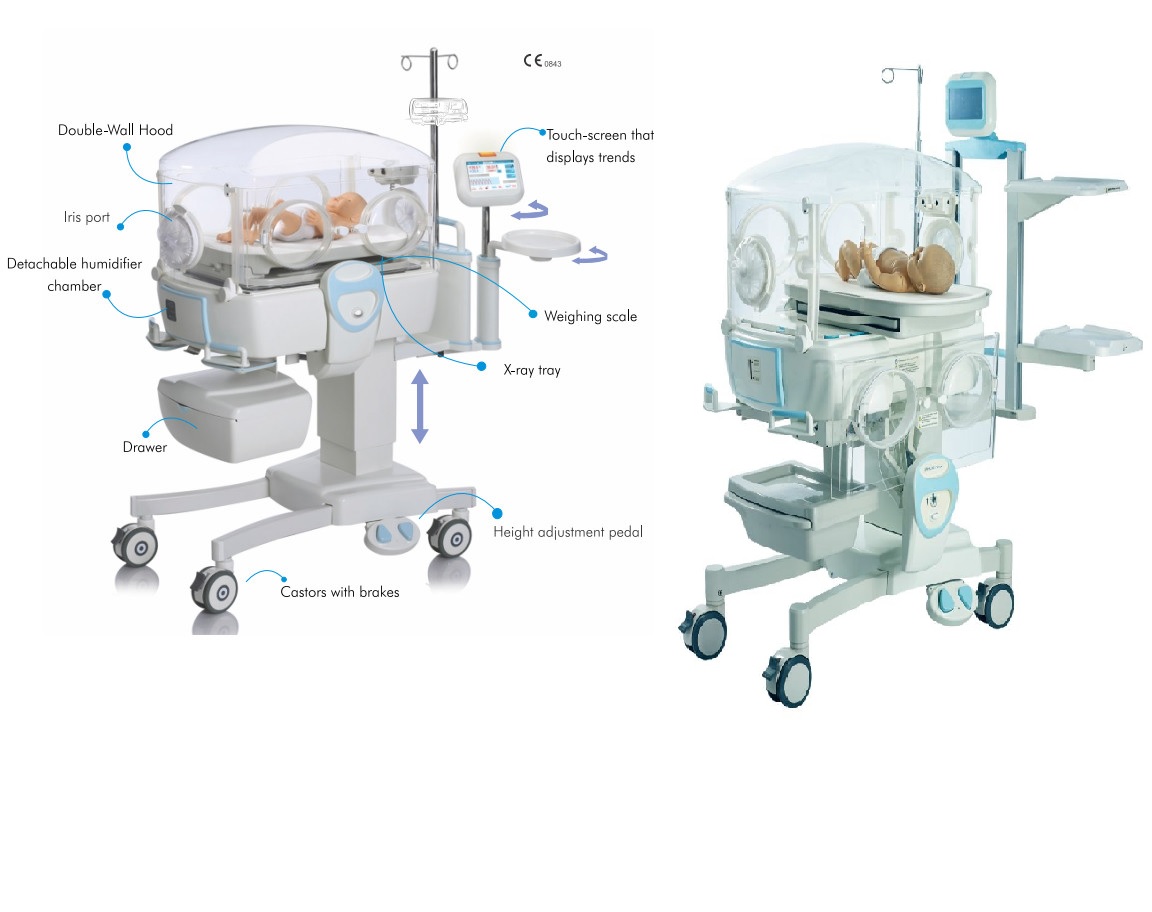 Lồng ấp trẻ sơ sinh có cân trọng lượng; có thể điều chỉnh chiều cao và có chức năng theo dõi SpO2; Nhịp tim và Oxy hóa điều khiển bằng Servo