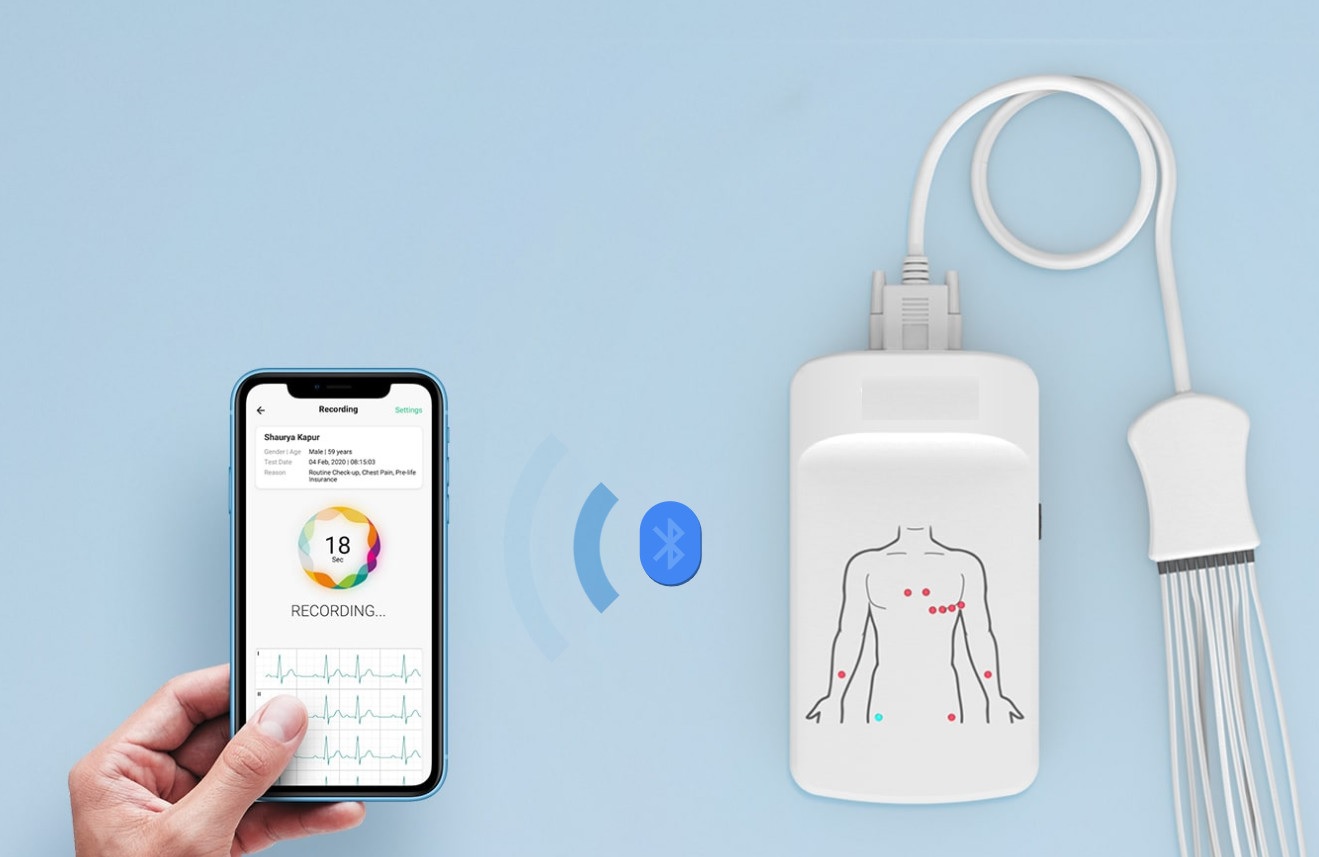 Máy đo điện tim 12 kênh tại giường; tại nhà; trên xe cứu thương loại cầm tay có kết nối Blutooth để kết nối với PC, Iphone Smartphone bởi hệ điều hành Android