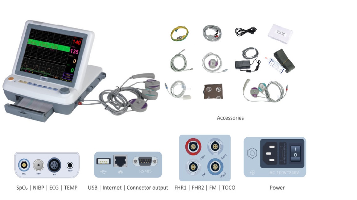 Monitor theo dõi nhịp tim thai (theo dõi thai đơn & thai dôi) có tích hợp tính năng theo dõi  (SPO2 / NIBP / ECG / TEMP) với màn hình màu TFT có thể gập góc 90 độ - Monitor sản khoa chuyên dụng