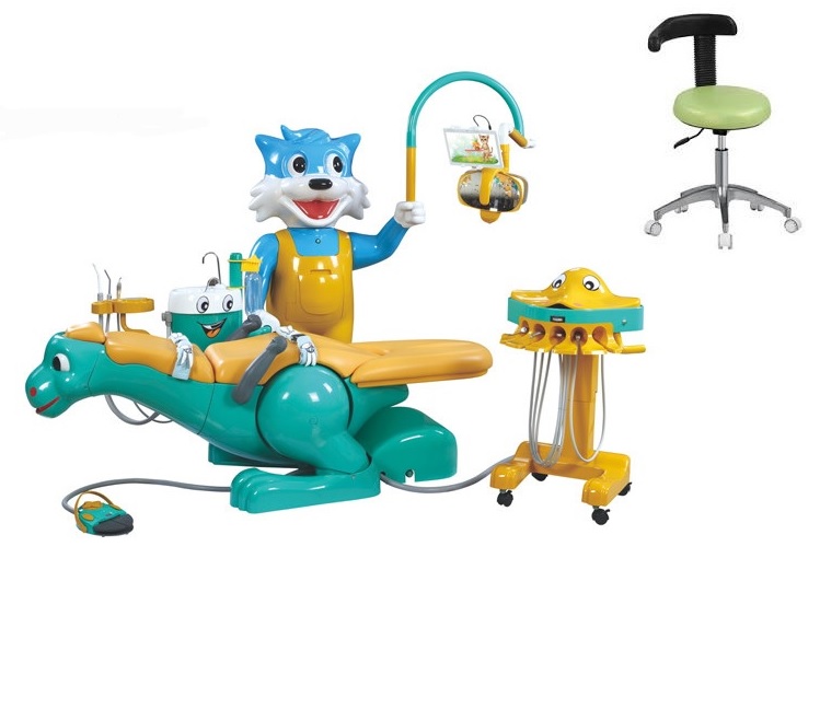 Hệ thống ghế máy Nha khoa cho trẻ em với thiết kế hình khủng long & Hộp phụ tá bên cạnh hình mèo cười bluecat và cá thòi lòi
